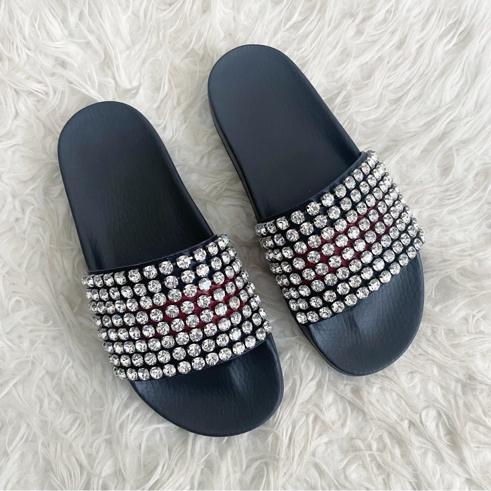 Gucci Calfskin Crystal Embellished Web Slide Sandals 40 Blue Red